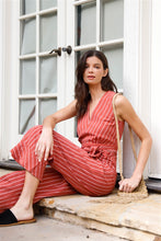 Load image into Gallery viewer, Rust Striped V-neck Self-tie Belt Flare Hem Wide Leg Jumpsuit