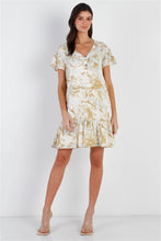 Load image into Gallery viewer, Olive & Taupe Color Paint Print Ruffle Hem Button Up Detail Mini Dress