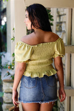 Load image into Gallery viewer, Textured Ruched Detail Smocked Back Short Balloon Sleeve Crop Top