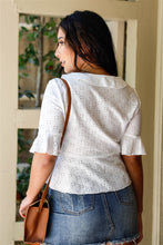 Load image into Gallery viewer, Embroidered Flare Trim Self-tie Detail Collared Crop Top