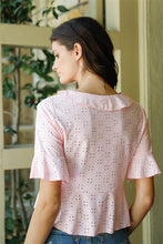 Load image into Gallery viewer, Embroidered Flare Trim Self-tie Detail Collared Crop Top