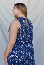 Load image into Gallery viewer, Plus Navy & Mint Feather Print Sleeveless Jumpsuit