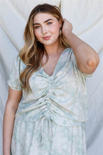 Load image into Gallery viewer, Plus Sage Tie-dye Floral Print Ruched Top & Mini Skirt Set