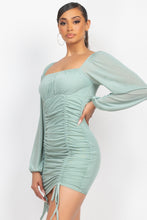 Load image into Gallery viewer, Ruched Square Neck Mesh Sleeve Dress