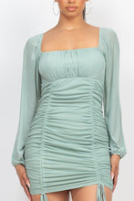 Load image into Gallery viewer, Ruched Square Neck Mesh Sleeve Dress