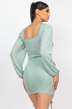 Load image into Gallery viewer, Ruched Square Neck Mesh Sleeve Dress