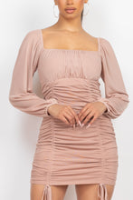 Load image into Gallery viewer, Ruched Square Neck Mesh Sleeve Dress