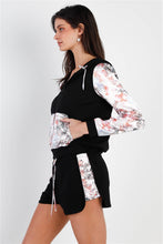 Load image into Gallery viewer, Black & Multi Color Print Colorblock Zip-up Hooded Top & Short Set