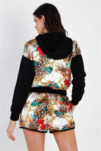 Load image into Gallery viewer, Black & Ivory Satin Effect Animal Print Hooded Top & Short Set