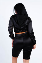 Load image into Gallery viewer, Black Satin Lace Details Long Sleeve Hooded Crop Top & Biker Short Set