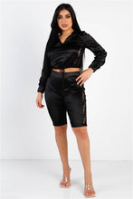 Load image into Gallery viewer, Black Satin Lace Details Long Sleeve Hooded Crop Top & Biker Short Set