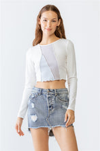 Load image into Gallery viewer, Ivory Light Blue Lavender Ribbed Stitch Detail Crew Neck Crop Top