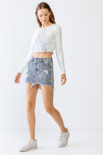 Load image into Gallery viewer, Ivory Light Blue Lavender Ribbed Stitch Detail Crew Neck Crop Top