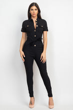 Load image into Gallery viewer, Collared Waist-tie Buttoned Jumpsuit