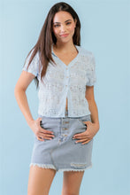 Load image into Gallery viewer, Light Blue Floral Embroidered Button-up Collared Neck Short Sleeve Top
