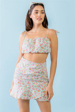 Load image into Gallery viewer, Mint Fuchsia Print Cotton Sleeveless Strappy Crop Top & High Waist Wrap Hem Mini Skirt Set