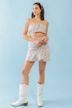 Load image into Gallery viewer, Mint Fuchsia Print Cotton Sleeveless Strappy Crop Top & High Waist Wrap Hem Mini Skirt Set