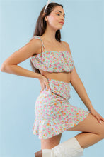 Load image into Gallery viewer, Mint Fuchsia Print Cotton Sleeveless Strappy Crop Top & High Waist Wrap Hem Mini Skirt Set