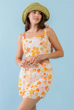 Load image into Gallery viewer, Ivory & Orange Floral Print Textured Square Neck Strappy Open Back Crop Top & High Waist Mini Skirt Set