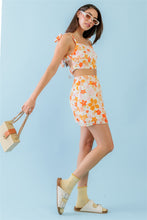 Load image into Gallery viewer, Ivory & Orange Floral Print Textured Square Neck Strappy Open Back Crop Top & High Waist Mini Skirt Set