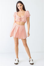 Load image into Gallery viewer, White & Orange Stripe Print Self-tie Short Sleeve Crop Top & High Waist Shorts Set