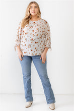 Load image into Gallery viewer, Plus White Floral Tie Midi Sleeve Back Zipper Relax Top