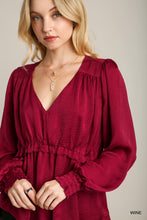 Load image into Gallery viewer, Satin V-neck Ruffle Baby Doll Top With Cuffed Long Sleeve