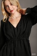 Load image into Gallery viewer, Satin V-neck Ruffle Baby Doll Top With Cuffed Long Sleeve