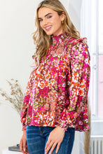 Load image into Gallery viewer, Floral Mock Neck Smocked Yoke Blouse