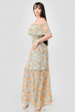 Load image into Gallery viewer, Floral Chiffon Off Shoulder Smocked Back Ruffled Tiered Maxi Dress
