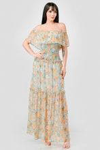 Load image into Gallery viewer, Floral Chiffon Off Shoulder Smocked Back Ruffled Tiered Maxi Dress
