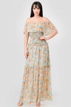 Load image into Gallery viewer, Floral Chiffon Off Shoulder Smocked Back Ruffled Tiered Maxi Dress
