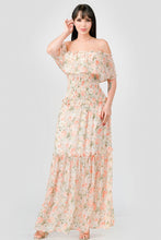 Load image into Gallery viewer, Floral Chiffon Off Shoulder Smocked Back Ruffled Tiered Maxi Dress
