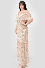Load image into Gallery viewer, Floral Chiffon Off Shoulder Smocked Back Ruffled Tiered Maxi Dress

