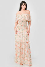 Load image into Gallery viewer, Floral Chiffon Off Shoulder Smocked Back Ruffled Tiered Maxi Dress
