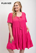 Load image into Gallery viewer, Textured woven tiered dress with tassel tie and pockets
