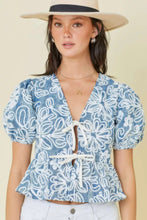 Load image into Gallery viewer, Denim Embroidered Crop Top With Front Tie Detail
