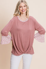 Load image into Gallery viewer, Animal Print Contrast Bell Sleeves Fashion Top With Gathered Front Hem
