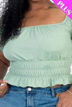 Load image into Gallery viewer, Plus size casual ruched puff sleeve ribbed knit solid top
