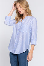 Load image into Gallery viewer, Long Slv Split Round Neck Stripe Woven Shirt
