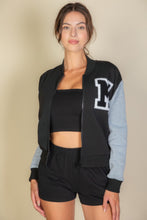 Load image into Gallery viewer, Letter Patched Striped Trim Varsity Jacket
