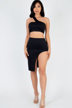 Load image into Gallery viewer, Sexy Solid One Shoulder Crop Top &amp; Split Thigh Midi Skirt Set
