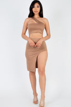 Load image into Gallery viewer, Sexy Solid One Shoulder Crop Top &amp; Split Thigh Midi Skirt Set
