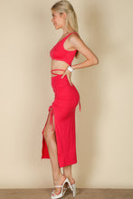 Load image into Gallery viewer, Sexy Solid Color One Shoulder Crop Top &amp; Drawstring Ruched Crisscross Tie Back Side Slit Hem Skirt Set
