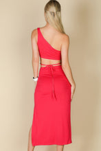 Load image into Gallery viewer, Sexy Solid Color One Shoulder Crop Top &amp; Drawstring Ruched Crisscross Tie Back Side Slit Hem Skirt Set
