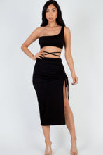 Load image into Gallery viewer, Sexy Solid Color One Shoulder Crop Top &amp; Drawstring Ruched Crisscross Tie Back Side Slit Hem Skirt Set
