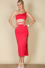 Load image into Gallery viewer, Sexy Solid Color One Shoulder Crop Top &amp; Drawstring Ruched Crisscross Tie Back Side Slit Hem Skirt Set
