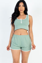 Load image into Gallery viewer, Casual French Terry Sleeveless Button Front Contrast Trim Cropped Tank Top And Shorts Set
