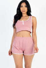 Load image into Gallery viewer, Casual French Terry Sleeveless Button Front Contrast Trim Cropped Tank Top And Shorts Set

