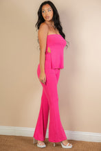 Load image into Gallery viewer, Ribbed Side Slit Bandeau Top &amp; Flare Pants Set
